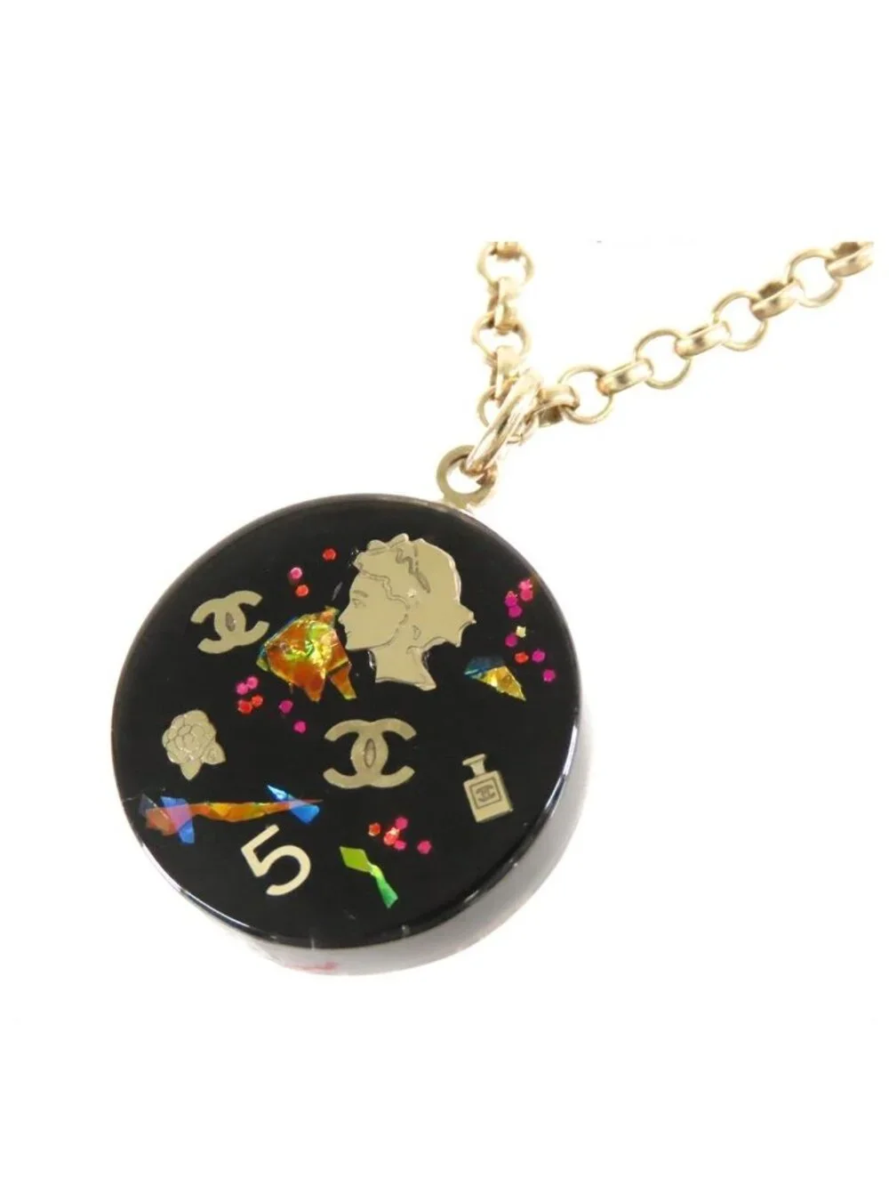 Chanel CC Logo Icon Pendant Gold Black Metal Plastic Camellia Necklace